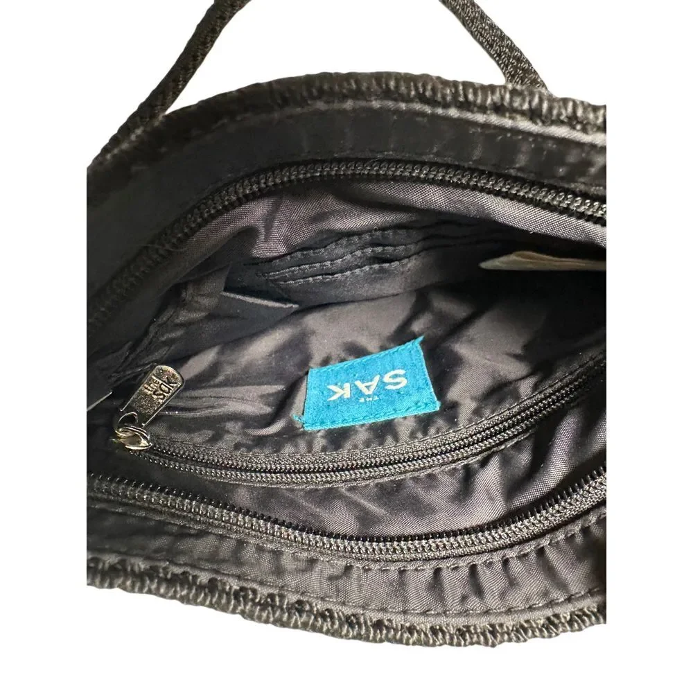 SAK Black‎ Crochet Knit Shoulder Bag with Silver Charm Casual Everyday Handbag